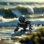 Placeholder: portrait of bot surfing the california waves, photo-realistic, shot on Hasselblad h6d-400c, zeiss prime lens, bokeh like f/0.8, tilt-shift lens 8k, high detail, smooth render, down-light, unreal engine, downlight