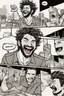 Placeholder: man with scruffy hair and stubble laughing at people panicking comic book style