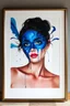 Placeholder: A beautiful young women painted with Liquid abstract blue painting,in side a large picture frame