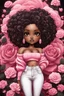 Placeholder: Create an abstract art style image of a chibi thick curvy african american female wearing tight white jeans and rose pink off the shoulder sweater.. Prominent make up with brown eyes. Highly detailed wild long curly black air flowing in her face. Background of rose pink and black flowers all aroun