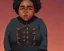 Placeholder: Portrait of a fat sweet 9 year old cute black kid witch with busy dark curly hair by Jim Kay