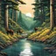 Placeholder: Ilustración estilo cómic de un bosque con río y tres caballos cálida ultra hiperdetallado