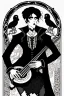 Placeholder: goth male necromancer with black hair playing a hurdy-gurdy in the style of Aubrey Beardsley