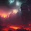 Placeholder: dynamic lighting, Intricately detailed, deep color, Unreal Engine, volumetric lighting, Hell landscape, Hell concept art, Hell fantasy artwork, nightsky, blue, black, nebulae, fields, abandoned buildings, ruins,