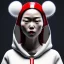 Placeholder: Japanese woman, rounded face, bubble gum, circle, silver, white, red, hoodie, feathers, retro, latex, leather, soft color, highly detailed, art stations, concept art, smooth, unreal engine 5, god rays, ray tracing, RTX, lumen lighting, ultra detail, volumetric lighting, 3d, finely drawn, high definition, high resolution, neon background.