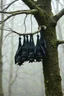 Placeholder: A group of black bats hanging upside down from a tree without leaves . The tree skin is covered in moss and lichen, allowing it to blend seamlessly into its surroundings. Forest Spirits feed on the energy of trees and can create thick fog to confuse their victims.