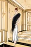 Placeholder: a woman with feathers in an Art Deco foyer by artist "Romain de Tirtoff"