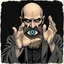 Placeholder: Bald Aleister Crowley holding up hand revealing an eye in middle of his palm, arcane comic illustration, by Dave McKean and Gabriel Pacheco