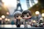 Placeholder: cute chibi mahogany haired girl with a short, silver haired boy, Eiffel tower, heart and love, flowers in Paris, ethereal, cinematic postprocessing, bokeh, dof