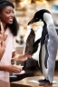 Placeholder: young black hair woman talk to a penguin in coffee-shop