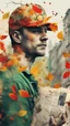 Placeholder: background old, cracks, yellow, torn canvas, gouache, double exposure, man, baseball cap, 40 years old, fine drawing, blots, newspaper scraps, leaves, green, autumn, city, branches, red rowan berries, 8K, double exposure