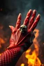 Placeholder: A hand palm fest with a ring in the index finger on it a skull, red skin, scales, unreal engine 6, high detail, intricate, cinematic. photoshoot style, intricate, studio lighting, masterpiece , highly detailed, 8k, best quality, fire, smoke, dramatic,d,<lora:mshn:0.7>,<lyco:Warrior_Couture:0.5>,