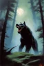 Placeholder: "Double Exposure" {{{{paul stanley full color oil painting art by Alex Ross, fog and clouds rising in the foreground}}}}. {{{{A giant werewolf roaming the woods at night, oil painting art by frank frazetta}}}}