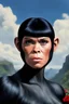 Placeholder: Planet of the Apes - black hair, Deep Blue Eyes - head and shoulders portrait - Lenna, part chimpanzee, part human, short, bowl-cut, straight black hair, the bangs cut straight across the forehead, she resembles a zira from the planet of the apes, and she resembles Leonard Nimoy - Mountains, blue skies, clouds, red roses, blue roses, yellow roses, honeysuckle roses, carnations, lilacs, professional quality, 32k, UHD, glossy, 1080p, Extremely high resolution Digital photograph, reality