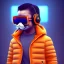 Placeholder: Tiger toddler, smile, cyberpunk headphone, sunglass, gangsta neckless, full body, orange puffer jacket, tokio background, dramatic lighting, hyper realistic, unreal engine 5, 16k