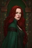 Placeholder: Adult woman fusing Rose Dewitt Butaker's, and Madelaine Petsch's features, fair complexion, long dark red hair, flowing blue medieval dress, emerald green eyes, standing amidst a backdrop of a richly-colored medieval tapestry, graphic novel style, digital art, dramatic lighting, high detailed.