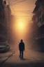 Placeholder: lone man walking down an abandoned city street, sunset, dystopian, post-apocalyptic, comic style