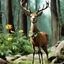 Placeholder: (photo of a movie by Ray Harryhausen) Deery the deer is a humanoid deer. he has arms and stand up on his two only back deer legs like a faun. he laughs and he's sticking out his tongue. he likes to have fun, has no barrier, especially when he smoke weed and eat mushrooms. He's wearing a flower necklace draped around his hips, he has a joint of weed in his hand