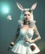 Placeholder: Ultra realistic portrait, wonderland, happy blonde Alice smoking a pipe, blue dress. elegant anthropomorphic white rabbit, circus dress style, old school tattoo, laughter, smoke, marijuana garden, mushroom lamps, glow eyes, perfect iris, soft color, highly detailed, unreal engine 5, ray tracing, RTX, lumen lighting, ultra detail, volumetric lighting, high definition.