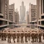 Placeholder: Brutalist totalitarian city with many citizens in beige coveralls uniform