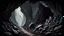 Placeholder: Dark fantasy painting art style. bottom of a rocky cave sloped downward into branching tunnel paths going into pitch blackness.