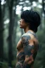 Placeholder: tattooed korean man, nice profile, attraktive handsome, medium long black hair, hot body, his body with geometric tattoos, deep dark colors, blur random forest background, highly detailed, modern vibe, photorealism