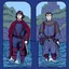 Placeholder: The prince of the high tide and the prince of the low tide in the river wearing medieval battle clothes, the image is divided into half a river at high tide and half a river at low tide