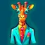 Placeholder: Cute smiling giraffe. Bright, colors. She wears a suit