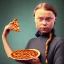 Placeholder: portrait of Greta Thunberg holding an empty pizza box