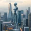 Placeholder: A transparent of a tall alien figure of human , mixing together a lot of them, making a shape of a woman, a big modern city with high status and towers in the background