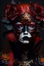 Placeholder: Beautiful faced young ginger voidcore shamanism vantablack girl, adorned with vantablack leather rbedwith lack and ginger colour gradient rose and red ruby mineral stone Golden and copper filigree headress wearing leather metallic filigree ruby stone ribbed half face masque wearing vantablack dark gothica leather jacket dress ribbed with árt Nouveau floral filigree copper flowers organic bio spinal ribbed of dak decadent background extremely detailed hyperrealistic maximálist portrait art