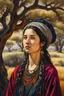 Placeholder: create a classical-abstract-realist fantasy portrait aquatint of a young nomadic tribal shepherdess with highly defined facial features, amidst ancient Andalusian olive trees, in the style of Donato Giancola, Hans Memling, Titian, and Caravaggio, 8k, highly detailed, otherworldly , fantastic, vibrant colors