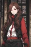 Placeholder: A young woman with pale skin and long brown hair in a modern setting with intricate details. She is wearing casual black and red clothes. She is smirking, has intense red eyes, intimidating presence, high definition. anime style.