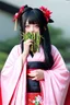 Placeholder: Cute Japanese girl, with pink eyes, dressed in her pink kimono and a black haori, black hair with reddish tips, a piece of bamboo covering her mouth