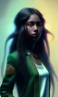Placeholder: girl, cute, beautiful, long hair, curly hair, black hair, turquoise skin, brown eyes, green coat, black tee shirt, head and shoulders portrait, 8k resolution concept art portrait by Greg Rutkowski, Artgerm, WLOP, Alphonse Mucha dynamic lighting hyperdetailed intricately detailed