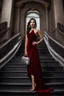 Placeholder: A beautiful woman in red velvet casual dress and in silver jevellry, dark hair , dark red color lipstick, with silver theater bag, stands on the stairs, ultra detail, flirty, perfect focus, random background, hyper detailed, sharp focus, studio photo, intricate details, professional photo