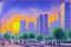 Placeholder: Retrowave city, clouds, camille pissarro painting, and retrowave painting