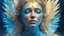 Placeholder: beautiful crying woman angel, double exposure in fantasy style, blue, gold, sparkles, fine rendering, bright colors, photorealism, 3D, with acrylic elements