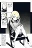 Placeholder: blonde girl converses sitting on a chair., grayscale, manga page