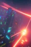 Placeholder: energy beam from the sky destroys a cyberpunk city, sunset, ambience, eerie, 8k, wallpaper