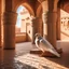 Placeholder: Hyper Realistic Photographic-Zoomed-View Of White-Dove Sitting On The Traditionally-Crafted-Surface-of-the-Balcony inside Traditional Rajasthani Fort With with sunrays casting Dove's Shadow showing dramatic & cinematic ambiance.