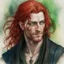 Placeholder: dnd, fantasy, watercolour, large strokes, stylistic, portrait, illustration, dull colours, male, face, narrow long face, weathered face, green eyes, determined, smiling, red hair, very long hair streaming down the shoulders, lush hair, radiating light, five o'clock shadow, elegant