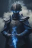 Placeholder: blue smoke in a shape of humanoid of colour of a storm wearing a scalemail armor