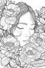 Placeholder: coloring page of big beautiful bouquet of peonies all around her face, her eyes are closed and dreaming peacefully, only her face shows, her face fully covered by the bouquet of peonies, use black outline with a white background, clear outline, no shadows