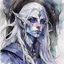 Placeholder: dnd, fantasy, watercolour, large strokes, stylistic, portrait, illustration, dull colours, woman, dark elf, drow, face, narrow long face, cruel face, cold demeanor, purple eyes, piercing eyes, vicious expression, white hair, very long hair streaming down the shoulders, lush hair, elegant, short small mouth, cruel smile