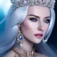 Placeholder: Ice Princess with white hair smilling, a crown with precious stones, bright background