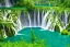 Placeholder: waterfall cascading into lake, nature documentary footage, plitvice, natural wonder, light from the left side of the scene