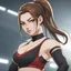 Placeholder: An Arrogant-Looking Young Woman With Pale Skin, Red Eyes, And Long Brown Hair Pulled Up In A Single, Straight Ponytail. MMA fighter. wearing a black crop top and leggings. Anime Style, High Definition, Greg Rutkowski, 8k Resolution, Intricate Details