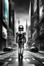 Placeholder: picture from a grayscale cityscape. In the middle a human walking in irridescent space suit on the street, a color step transition 3d figure , high contrast between her and the black and white space, enhancing the contrast between her and city, ultra quality, high digital illustration, cinematic, sci-fi, surreal, dystopian atmosphere, stunning