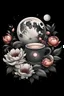 Placeholder: Realistic digital Tattoo design of crescent moon against a night sky framed by peonies, dahlias. And coffee arabica flower